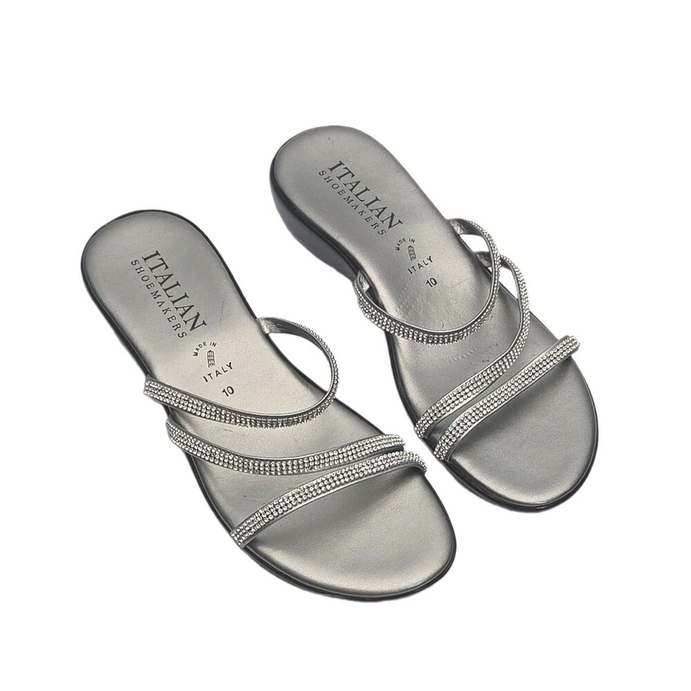Italian Shoemakers Sandal Shoe Silver Rhinestone 1.5" Wedge Heel Women Size 10
